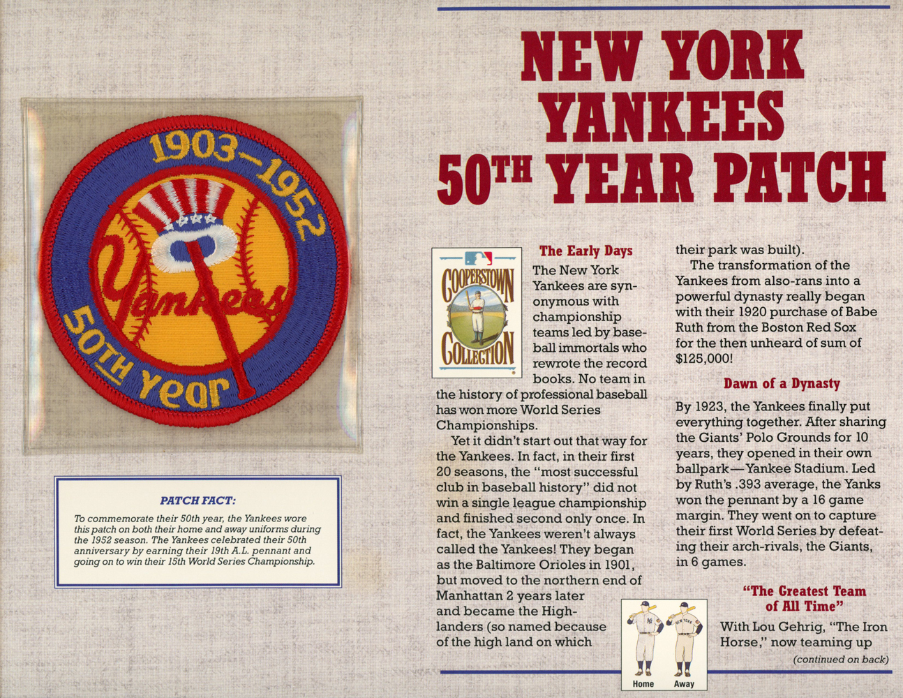New York Yankees 50th Year Patch Stat Card Cooperstown Willabee & Ward