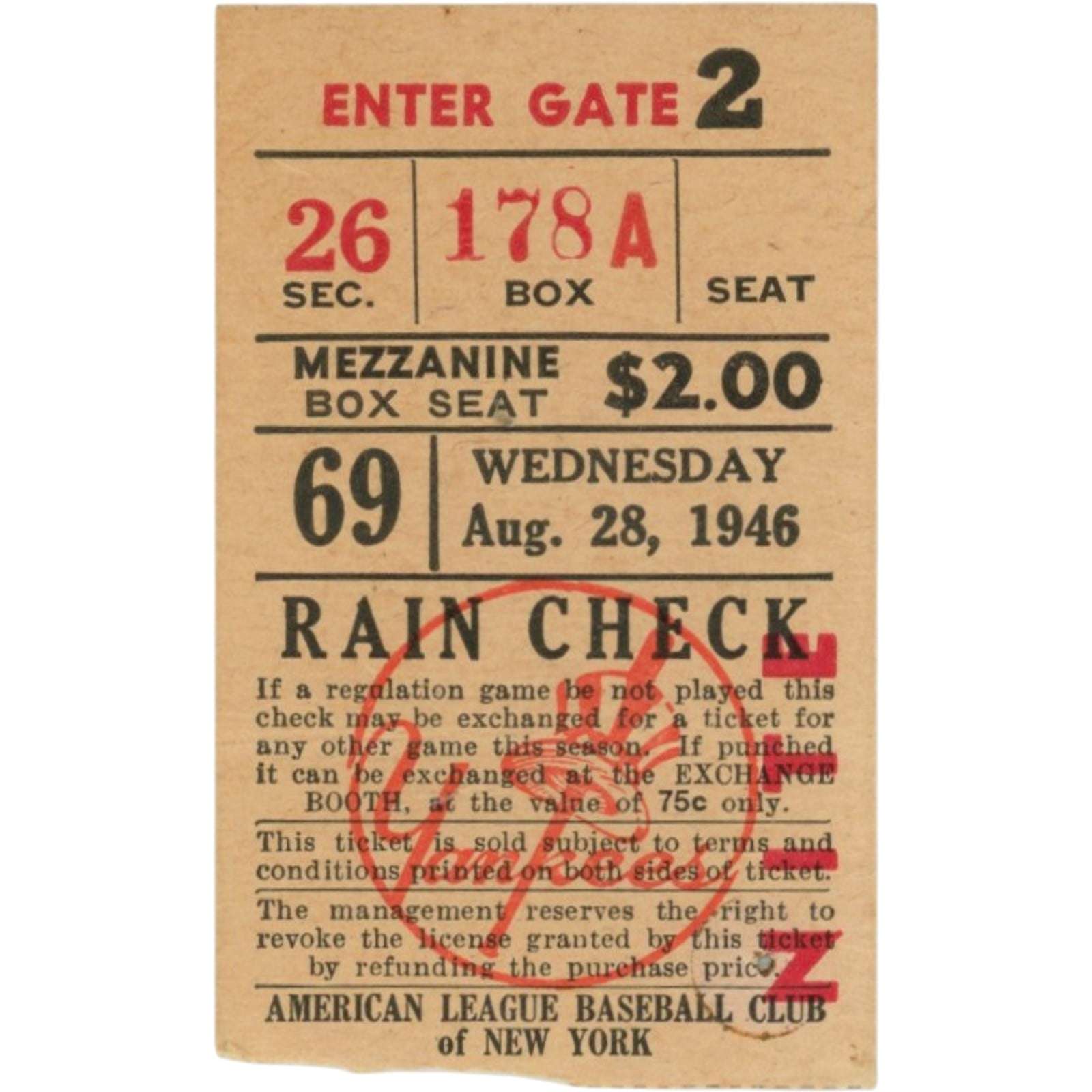 New York Yankees vs Cleveland Guardians Unautographed Ticket Stub 8/28/46 58699