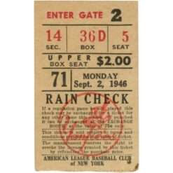 New York Yankees vs Boston Red Sox Unautographed Ticket Stub 9/2/46 58696
