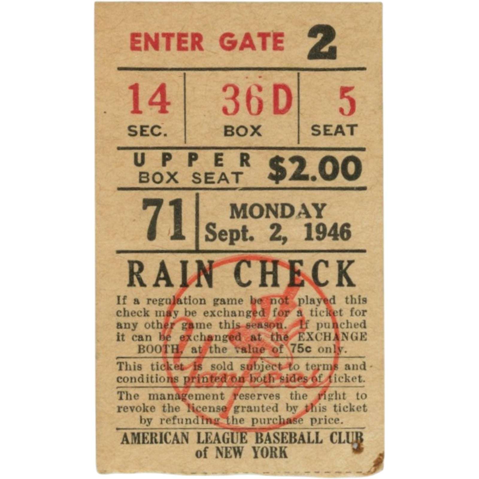 New York Yankees vs Boston Red Sox Unautographed Ticket Stub 9/2/46 58696 1 New York Yankees vs Boston Red Sox Unautographed Ticket Stub 9/2/46 58696