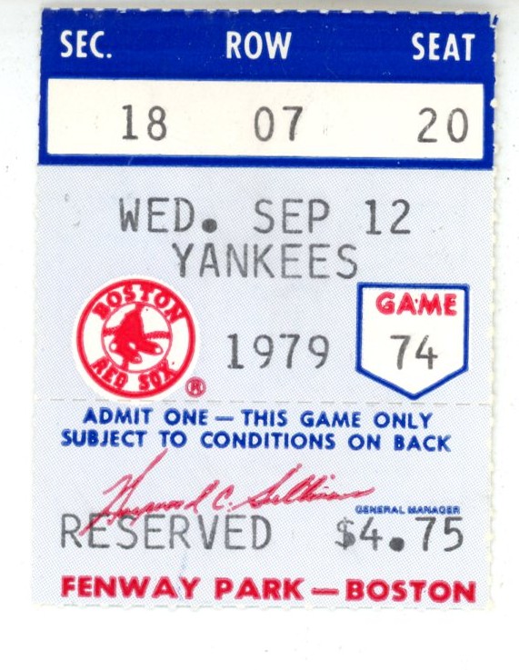 Carl Yastrzemski Boston Red Sox 3000th Hit 9/12/1979 vs. Yankees Ticket 56259