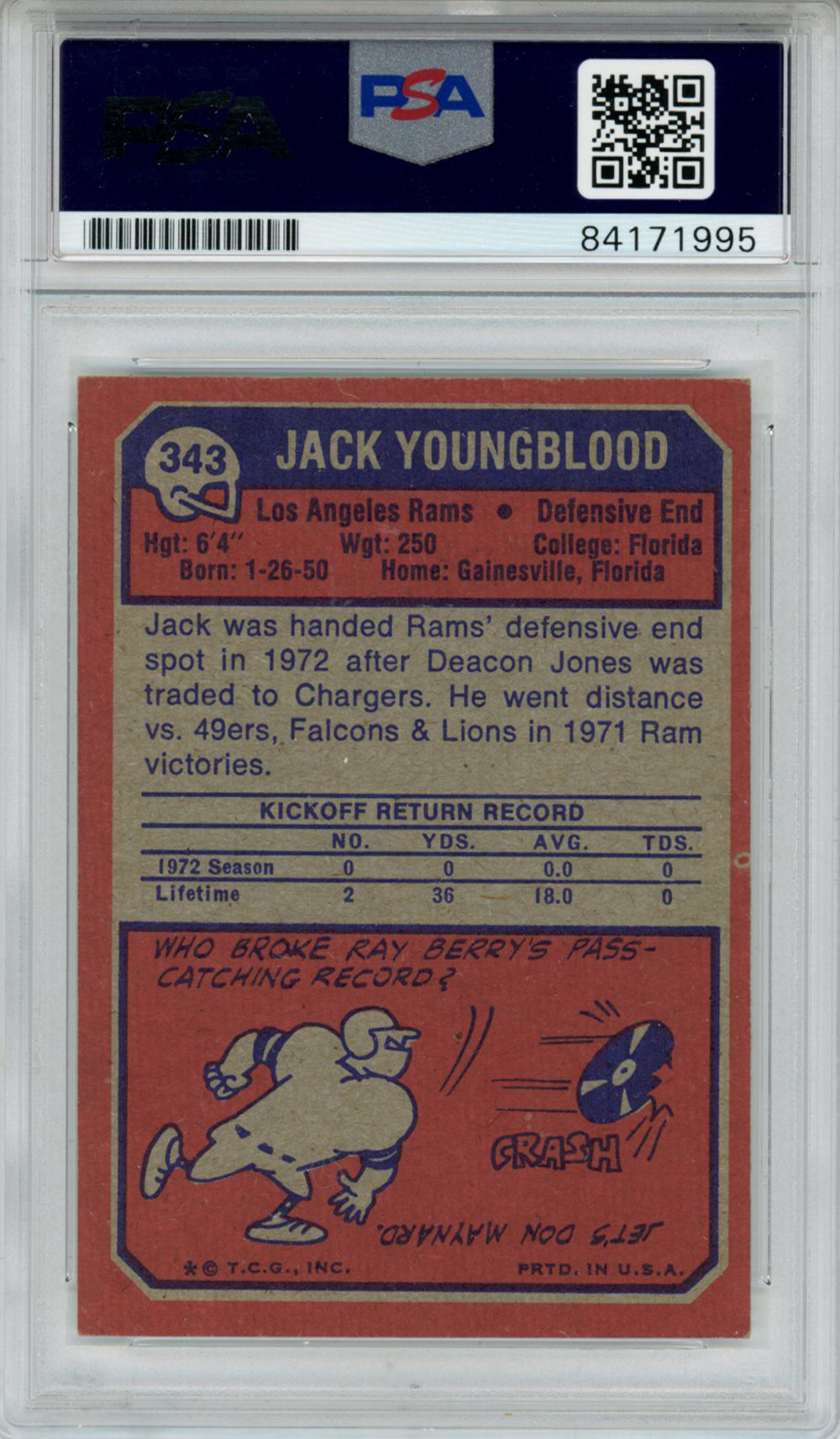 Jack Youngblood Autographed 1973 Topps #343 Rookie Card PSA Slab