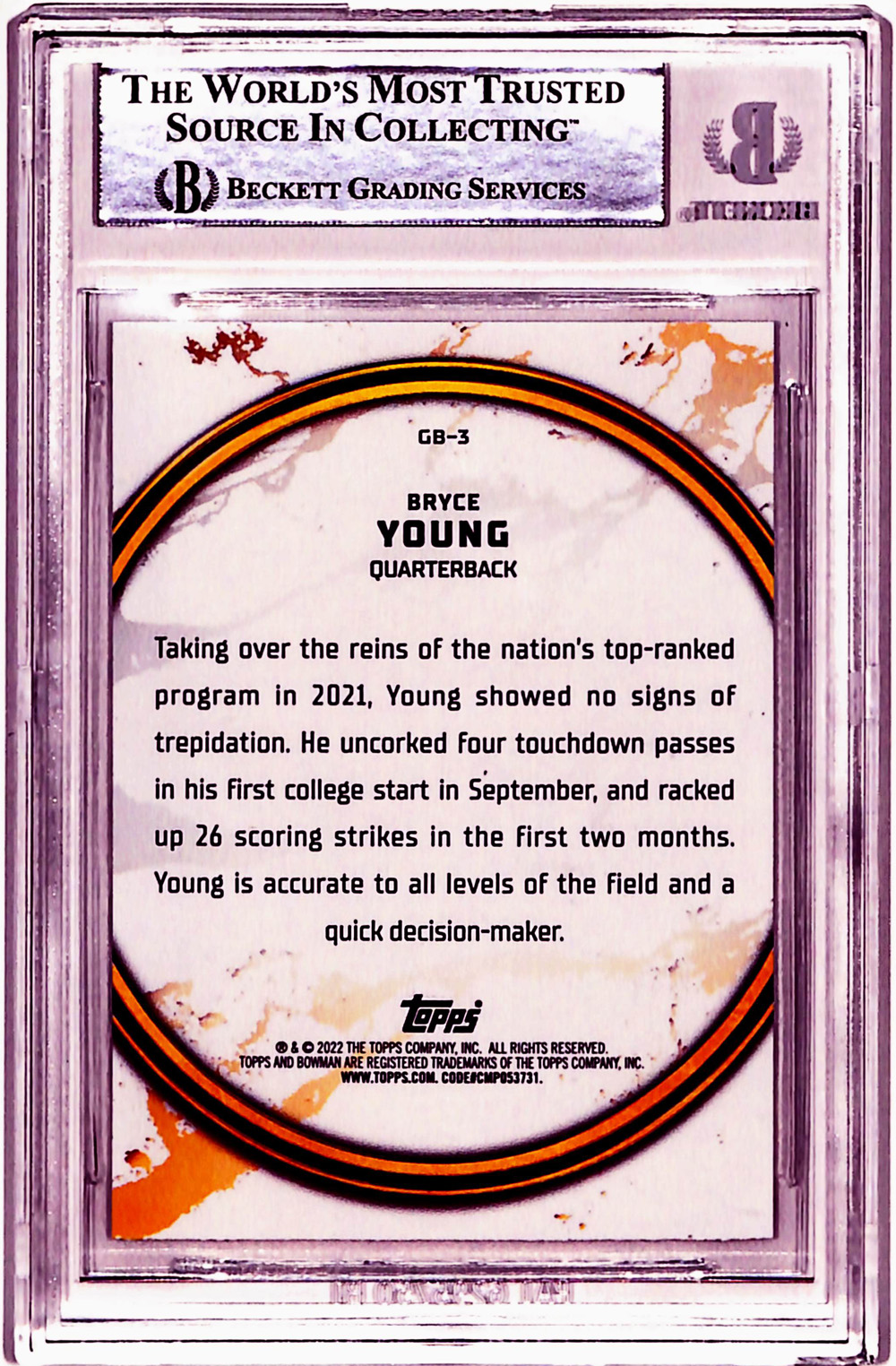 Bryce Young Signed 2022 Bowman University #GB-3 Rookie Card Beckett Slab