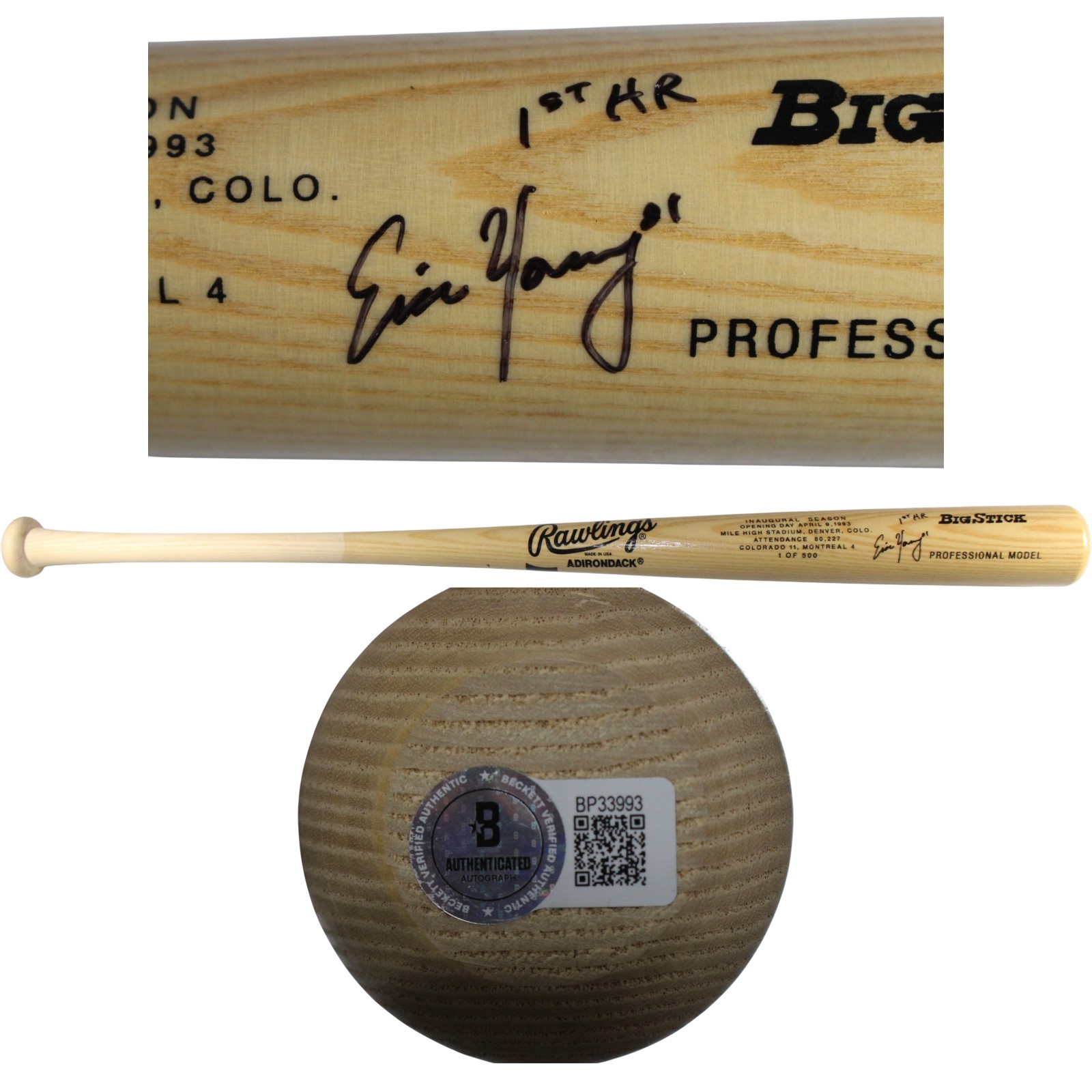 Eric Young Autographed Colorado Rockies '93 Inaugural Season Bat 1st HR Beckett 53429