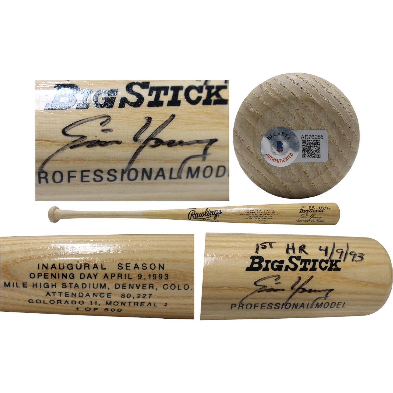 Eric Young Autographed Rawlings Inaugural Season Blonde Bat Beckett 44325