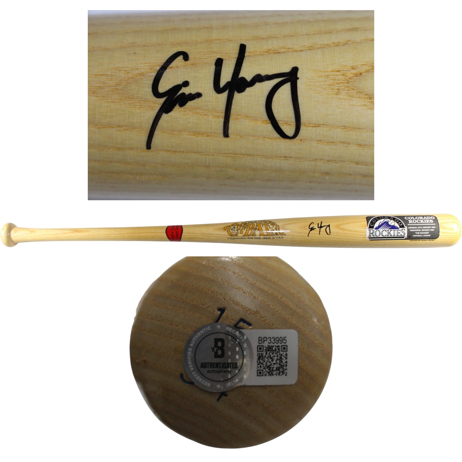 Eric Young Autographed Colorado Rockies Cooperstown Baseball Bat Beckett 53434