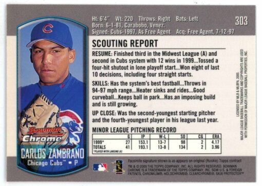 Carlos Zambrano Signed 2000 Bowman Chrome Rookie Card 303 Chicago Cubs