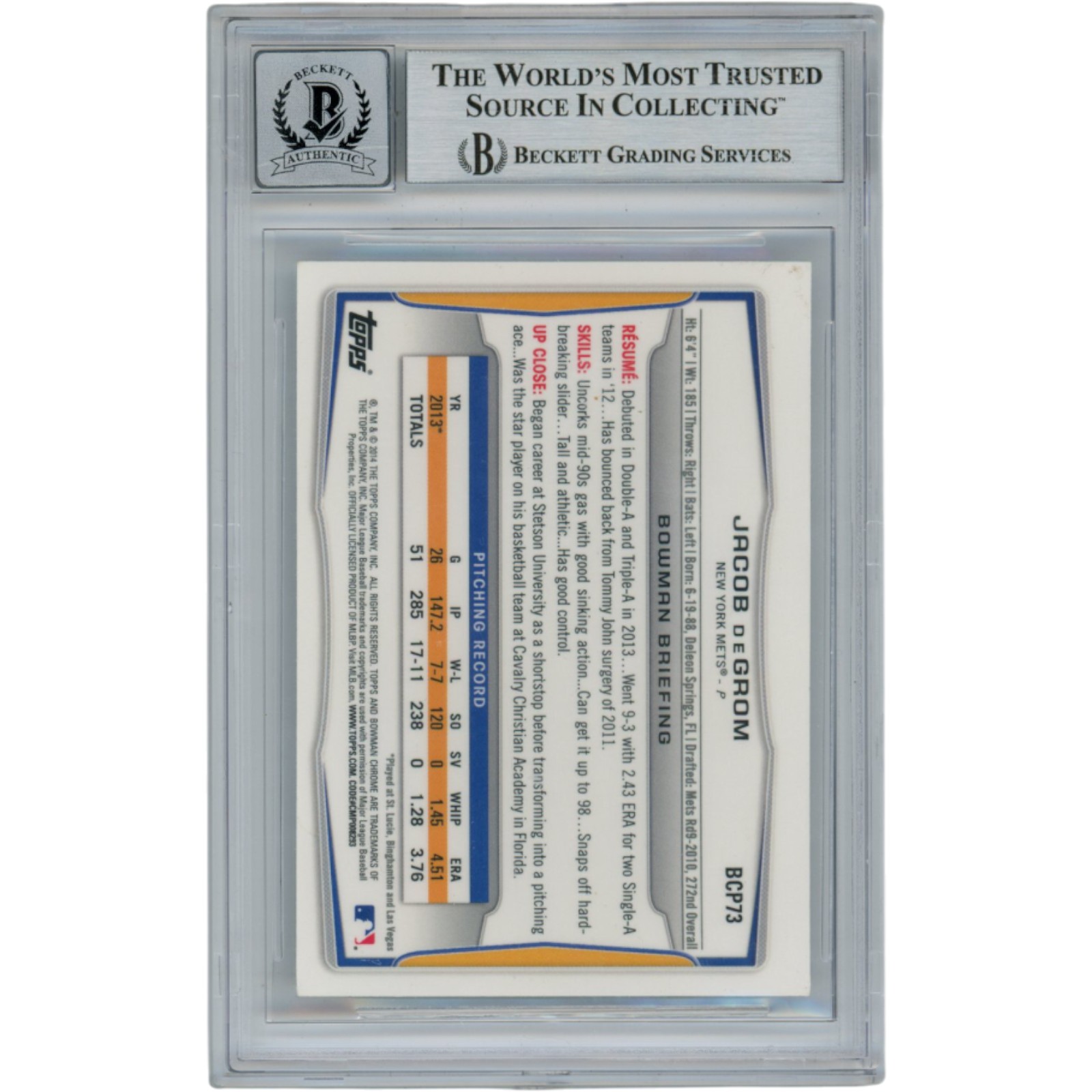 Jacob deGrom Autographed 2014 Bowman Chrome Prospects #BCP73 Card Beckett 54572