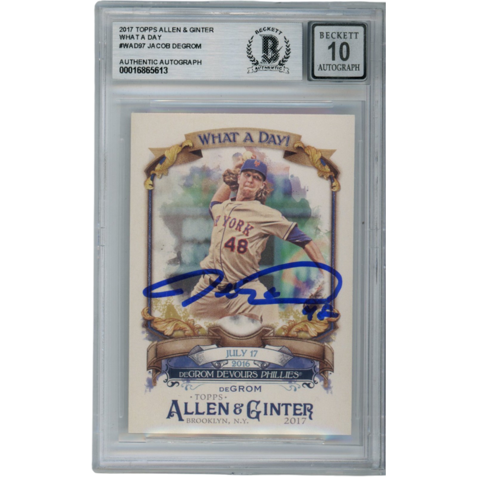 Jacob deGrom Autographed 2017 Allen & Ginter #WAD97 Slabbed Card Beckett 54573