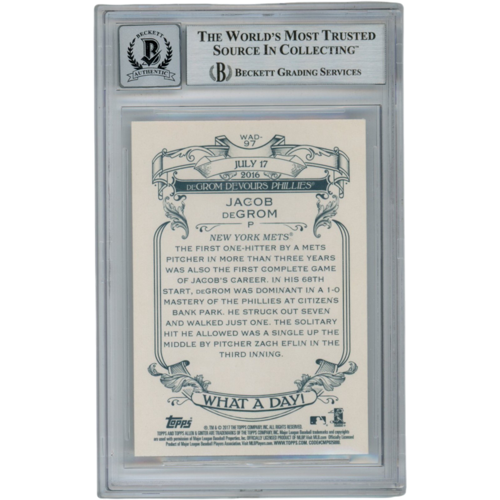 Jacob deGrom Autographed 2017 Allen & Ginter #WAD97 Slabbed Card Beckett 54573