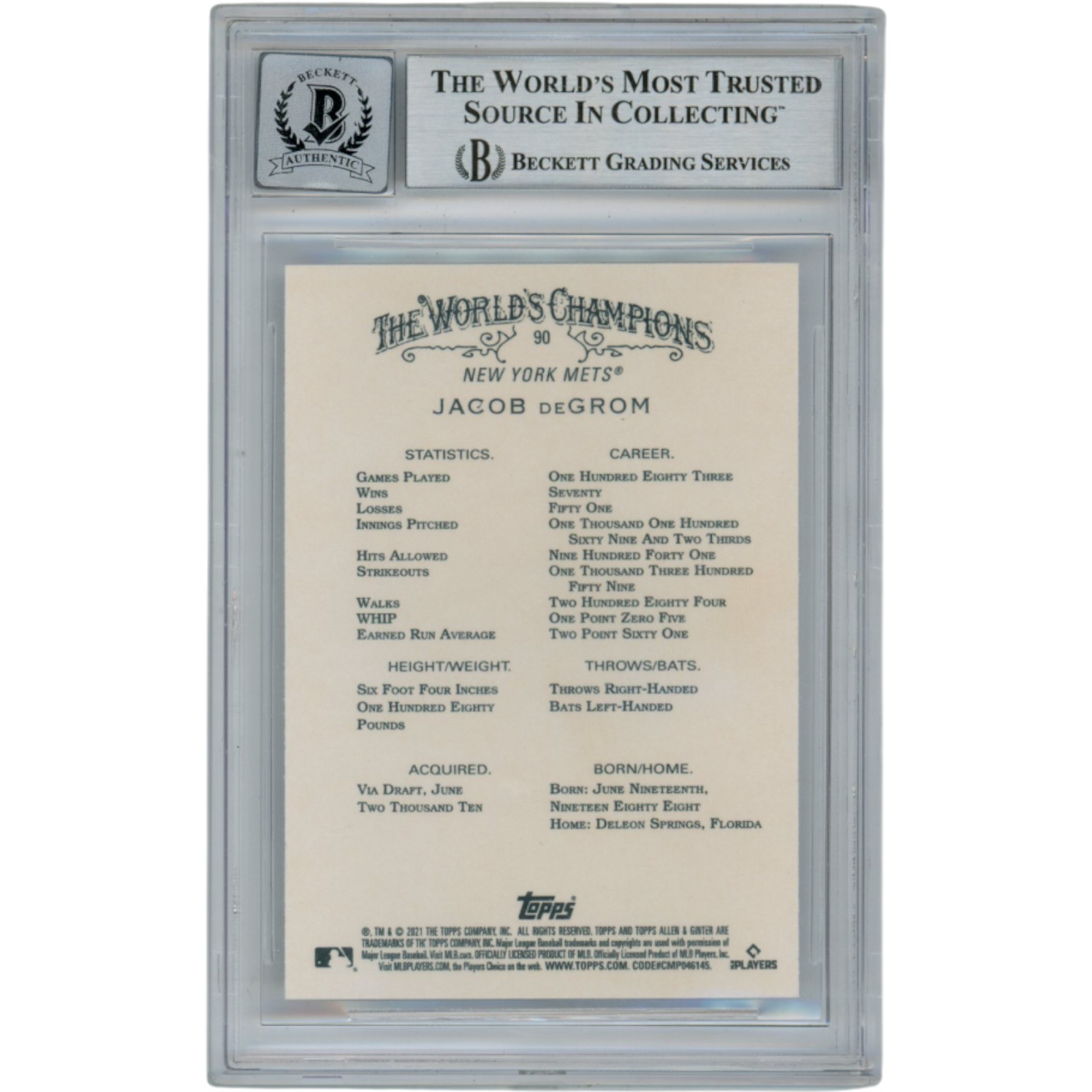 Jacob deGrom Autographed 2021 Allen & Ginter #90 Slabbed Card Beckett 54574 2 Jacob deGrom Autographed 2021 Allen & Ginter #90 Slabbed Card Beckett 54574