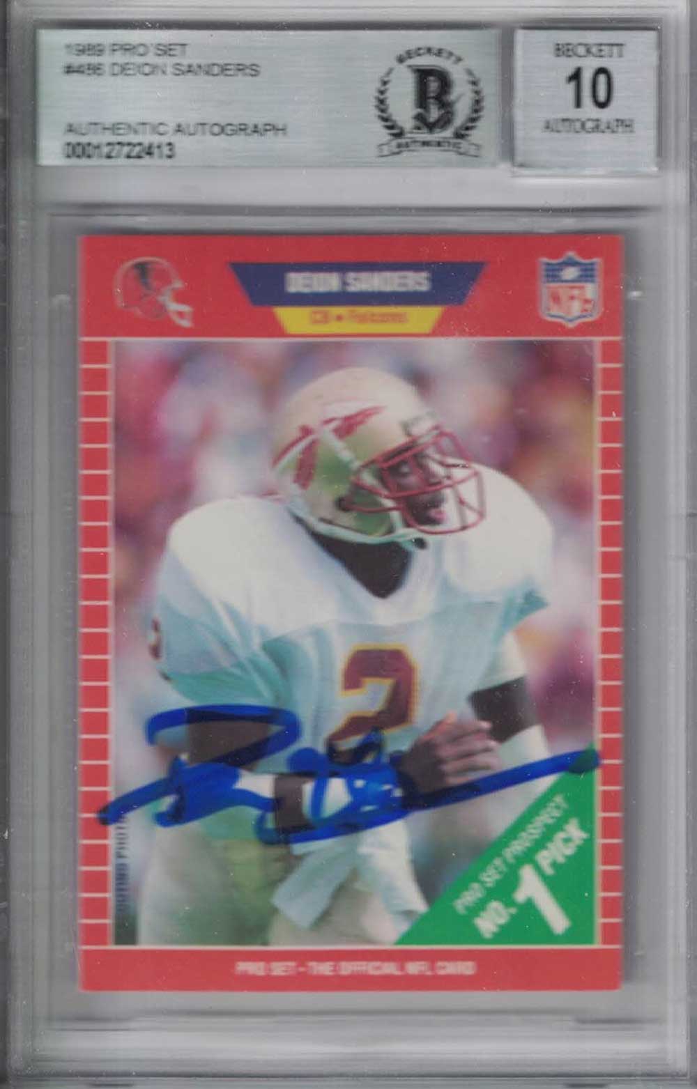 Deion Sanders Signed Dallas Cowboys 1989 Pro Set Rookie Card BAS 10 Slab 31184