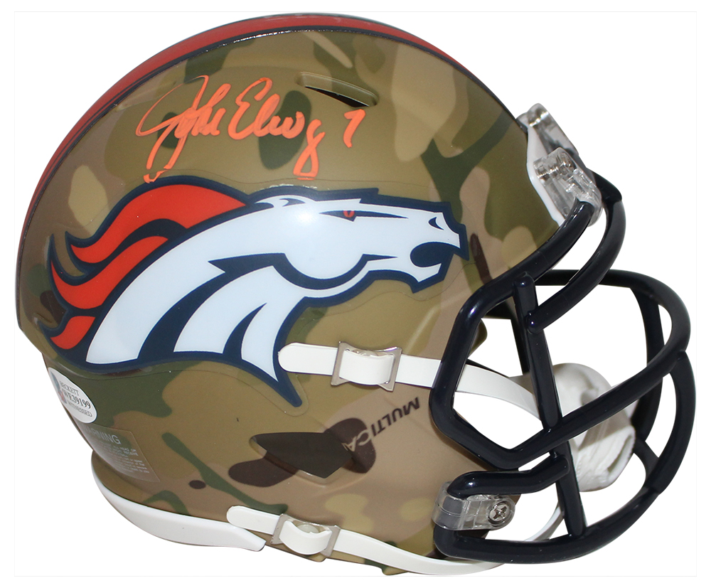 John Elway Autographed/Signed Denver Broncos Camo Mini Helmet BAS 29428