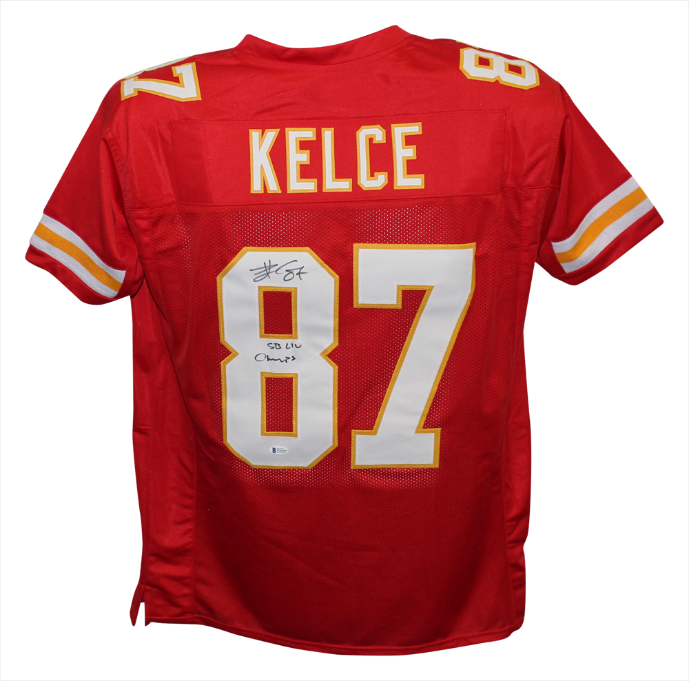 Travis Kelce Autographed/Signed Pro Style Red XL Jersey SB LIV Champs BAS 31523