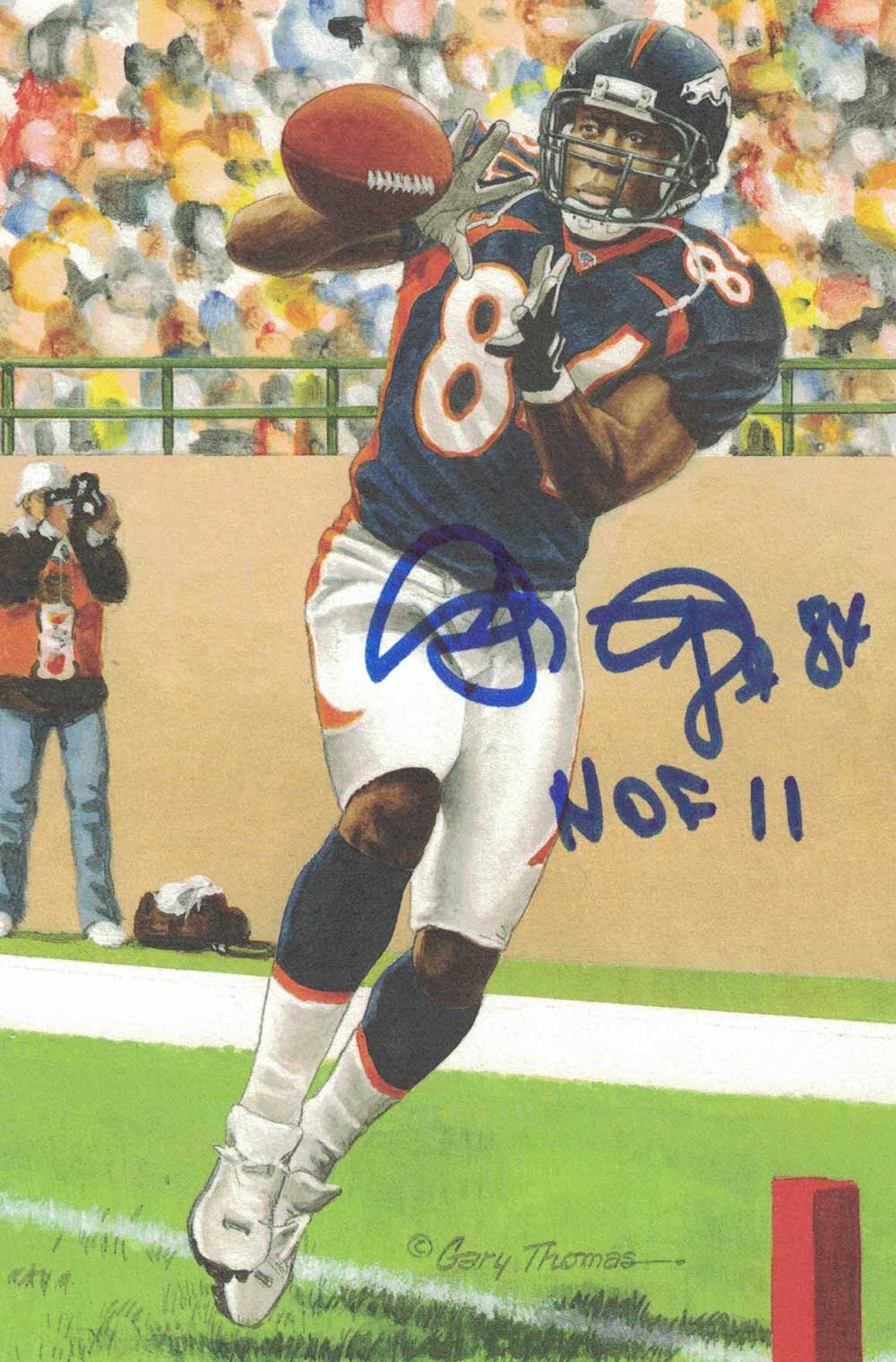 Shannon Sharpe Autographed Denver Broncos Goal Line Art Card Blue HOF 31538