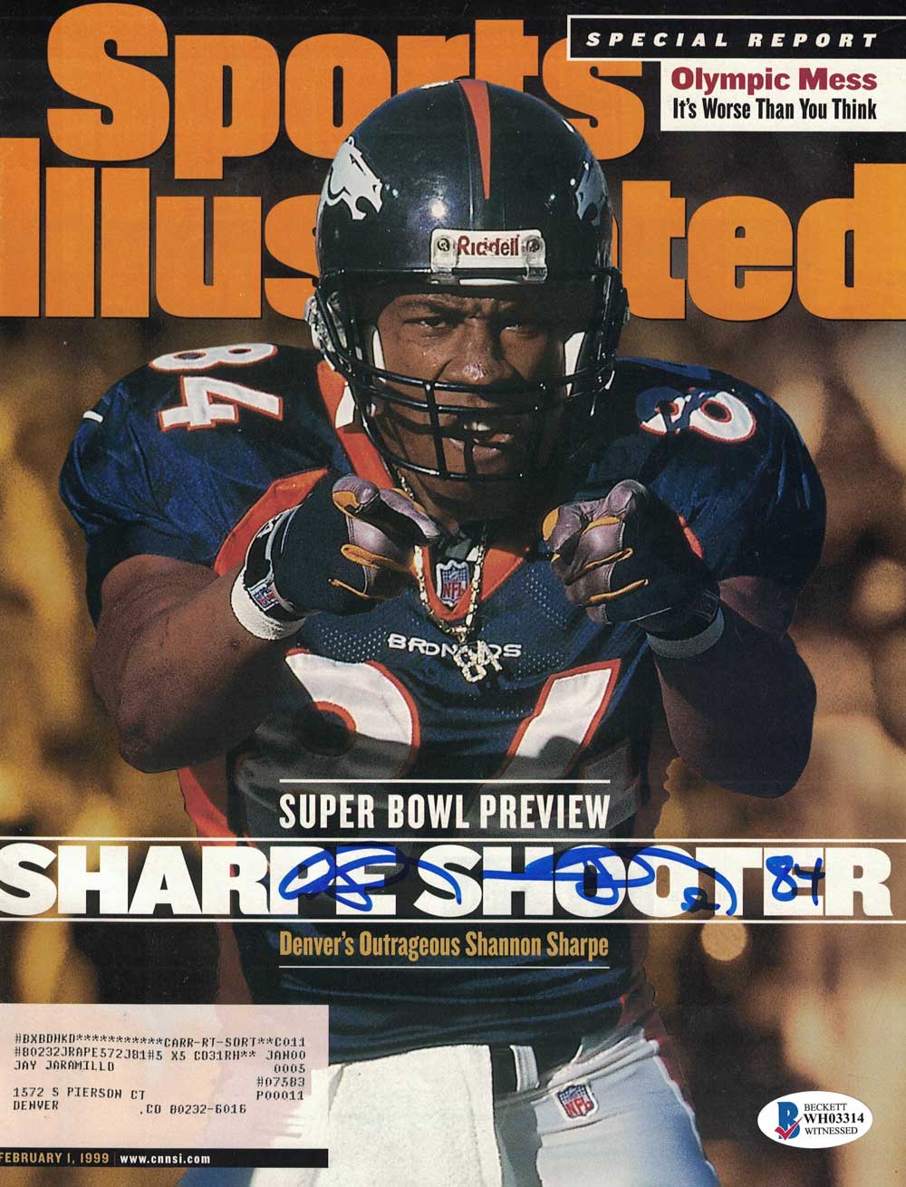 Shannon Sharpe Signed Broncos Feb 1, 1999 Sports Illustrated Magazine BAS 31546