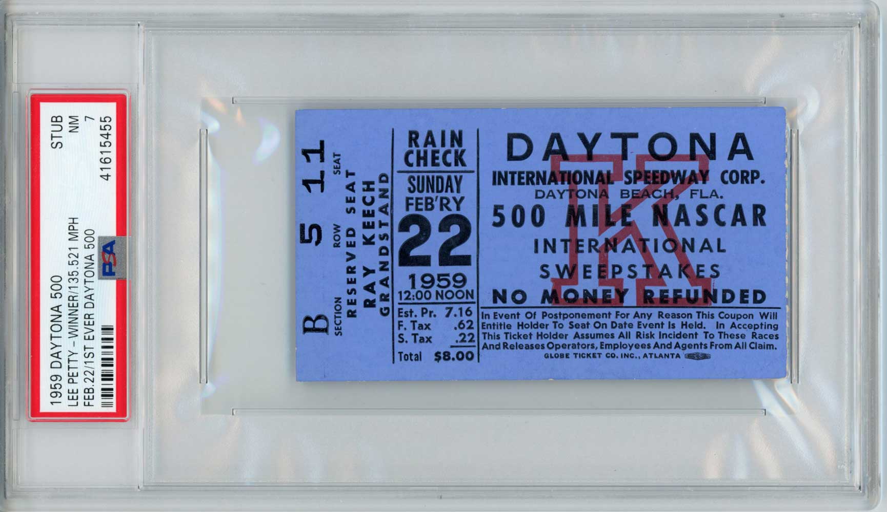 1959 Daytona 500 Ticket Nascar 1st Daytona Race February 22 NM PSA 7 Slab 31681