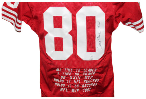Jerry Rice Autographed/Signed Pro Style Red XL Stat Jersey JSA 31959