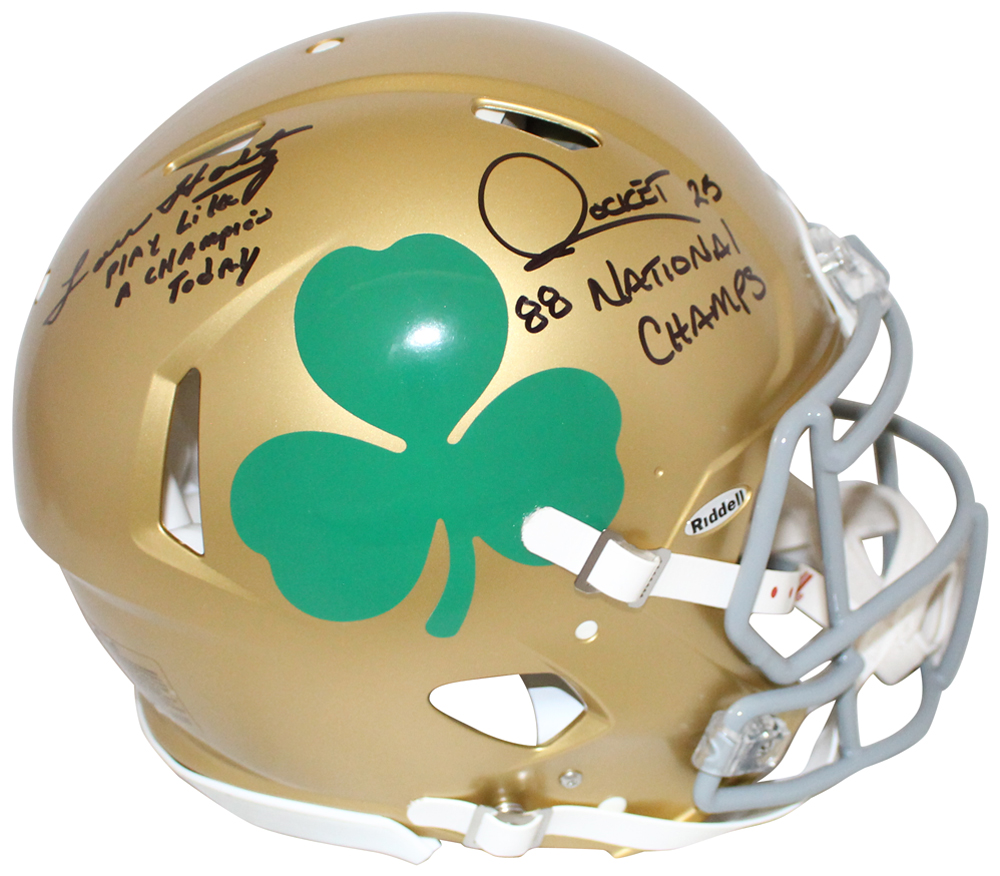 Lou Holtz & Rocket Ismail Signed Notre Dame Authentic Shamrock Helmet BAS 32546