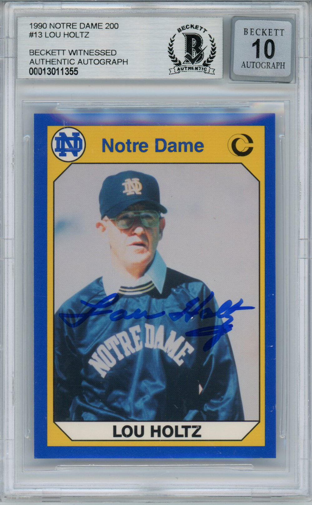 Lou Holtz Autographed 1990 Notre Dame Trading Card BAS 10 Slab 32548