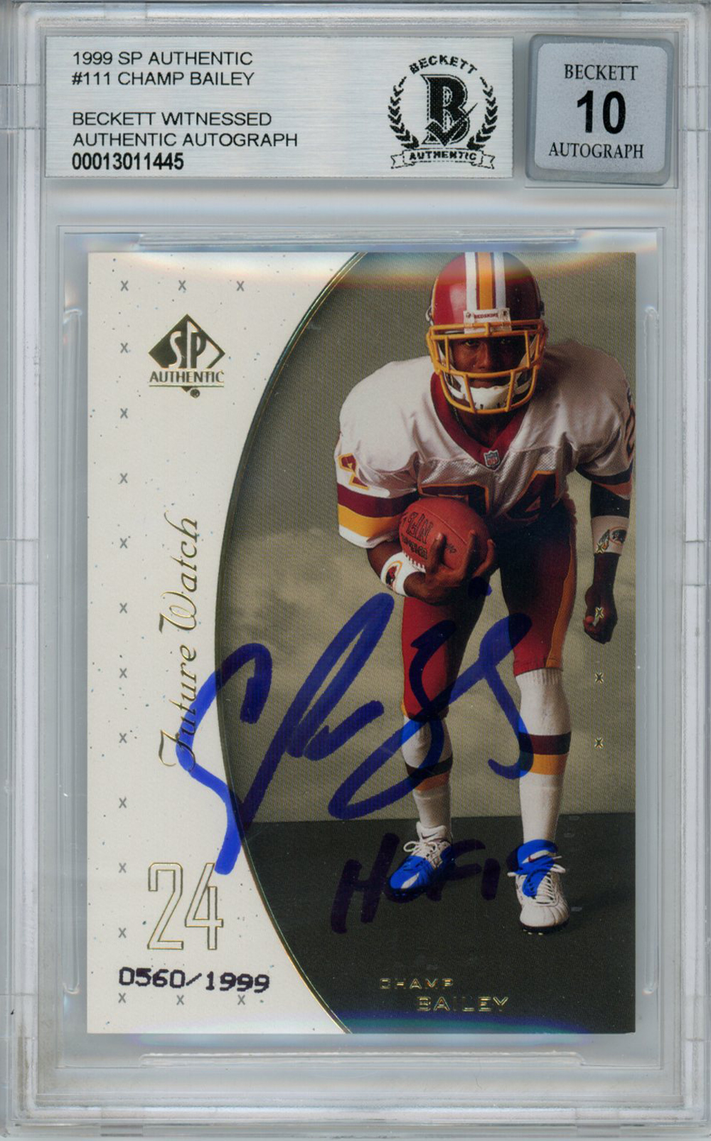 Champ Bailey Autographed 1999 SP Authentic #111 Rookie Card BAS 10 Slab 32844