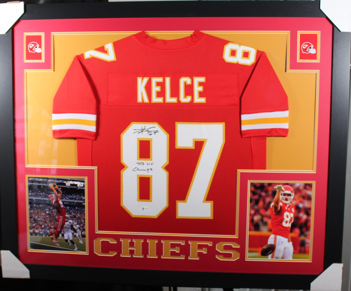 Travis Kelce Autographed/Signed Kansas City Framed Red XL Jersey BAS 32967