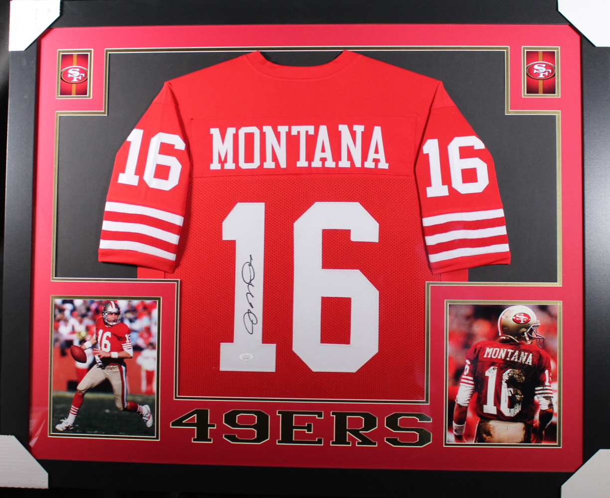 Joe Montana Autographed/Signed San Francisco Framed Red XL Jersey BAS 32969
