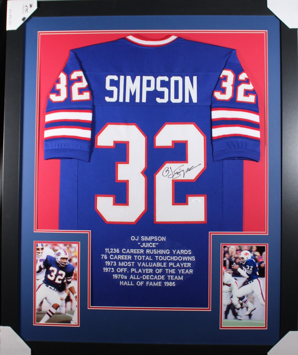 O.J. Simpson Autographed/Signed Buffalo Framed Blue XL Stat Jersey JSA 32971