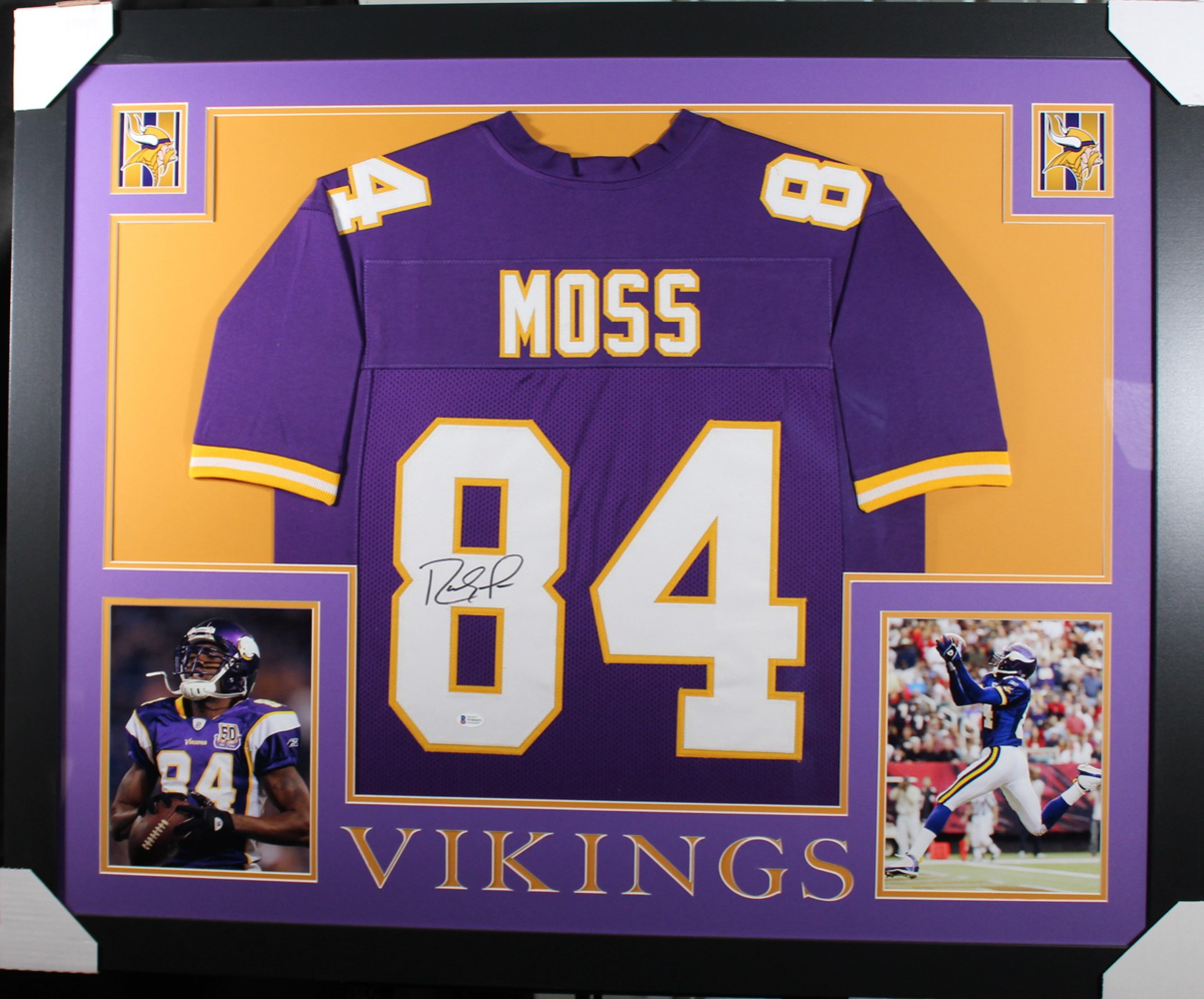 Randy Moss Autographed/Signed Minnesota Framed Purple XL Jersey BAS 32972