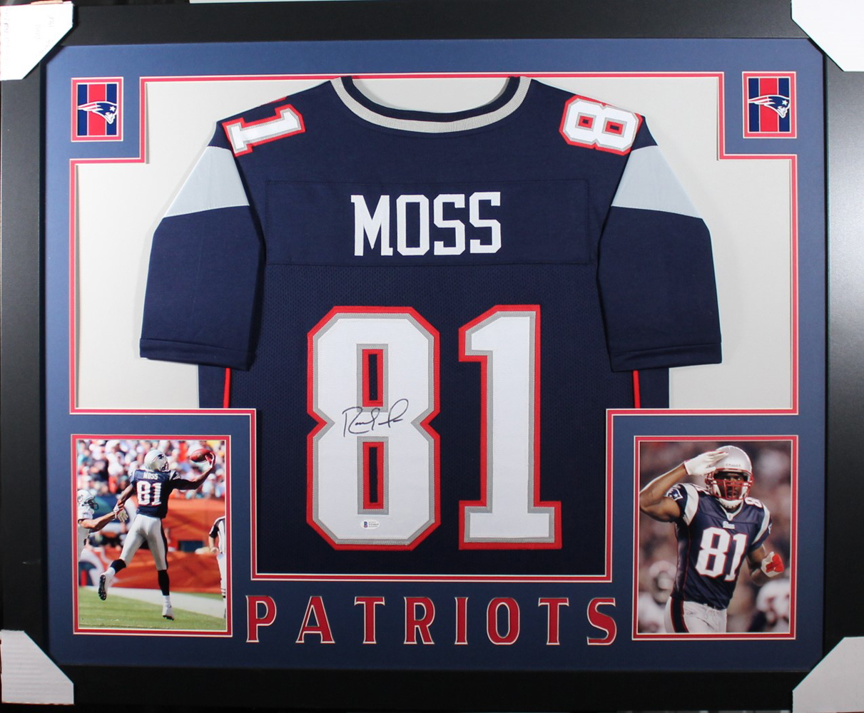 Randy Moss Autographed/Signed New England Framed Blue XL Jersey BAS 32973