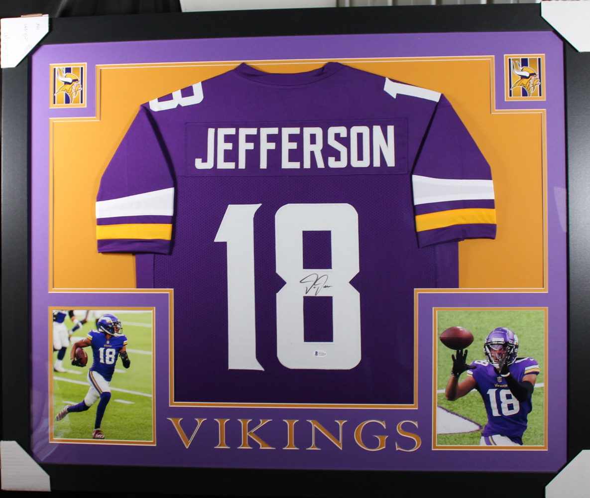 Justin Jefferson Autographed Minnesota Framed Purple XL Jersey BAS 32975