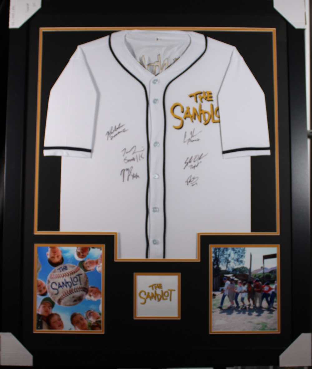 The Sandlot Autographed/Signed Framed White XL Jersey 6 Sigs BAS 32977
