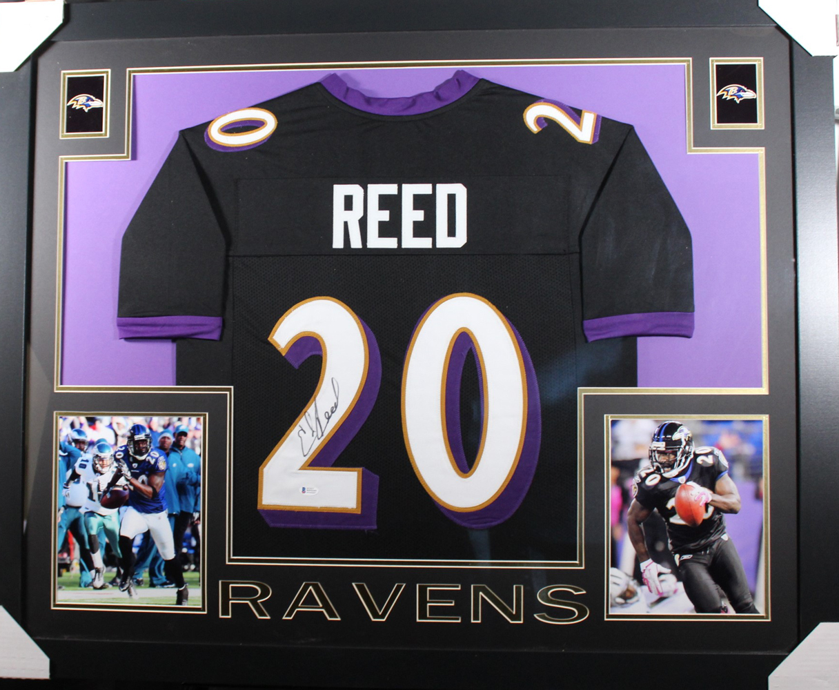 Ed Reed Autographed/Signed Baltimore Framed Black XL Jersey BAS 32978