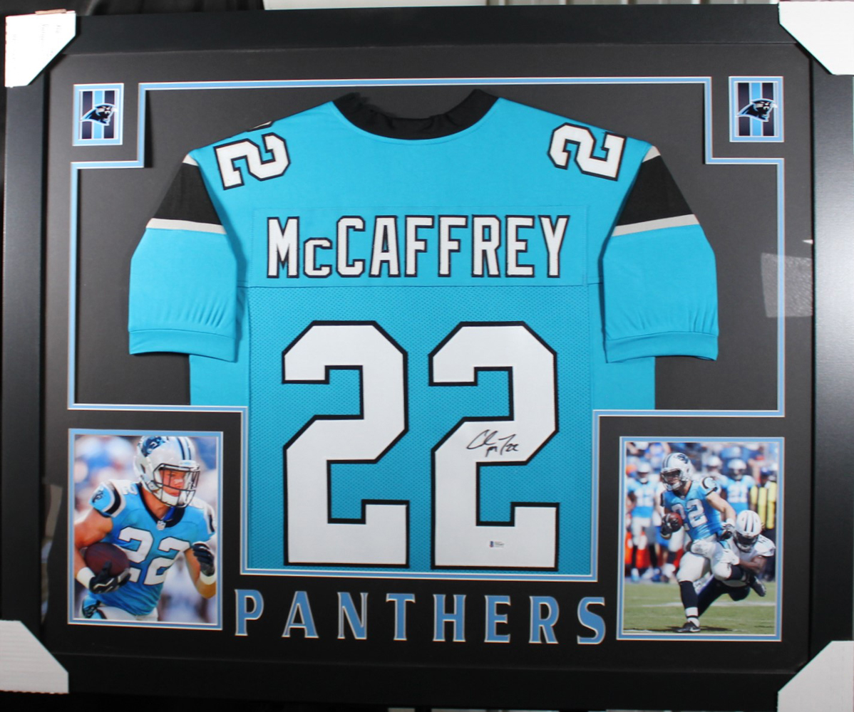Christian McCaffrey Autographed Carolina Framed Blue XL Jersey BAS 32981