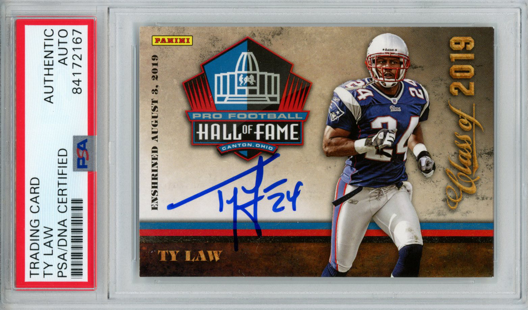 Ty Law Autographed/Signed 2019 Panini Hall Of Fame Trading Card PSA Slab 32992