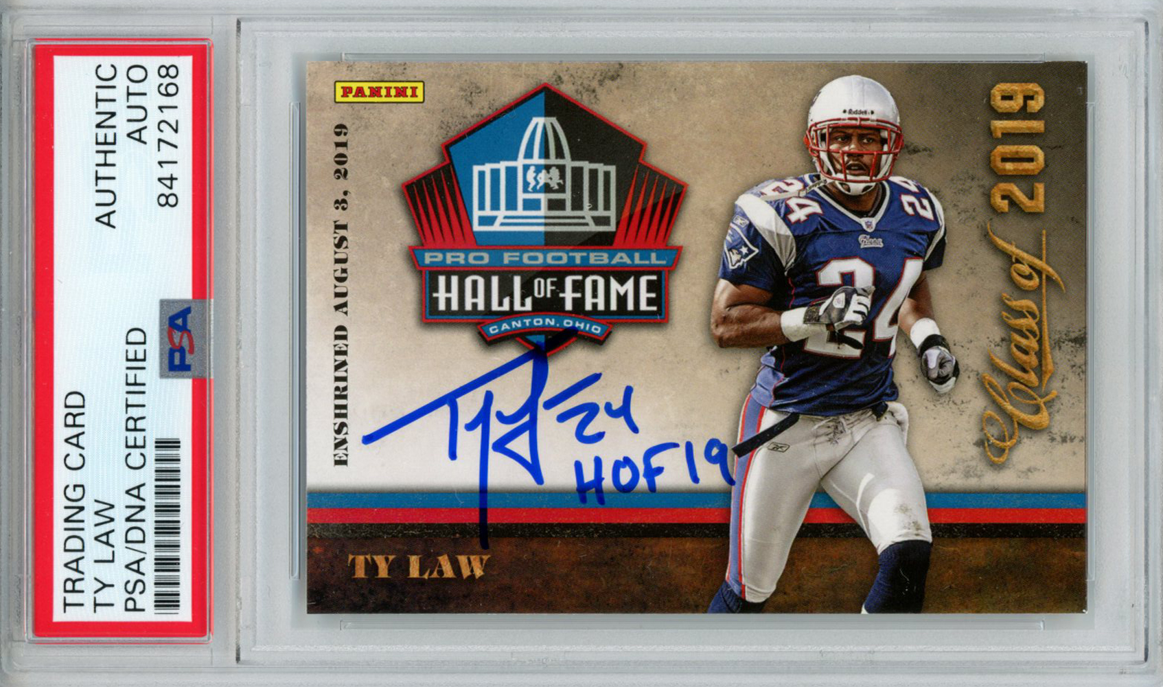 Ty Law Autographed/Signed 2019 Panini Hall Of Fame Trading Card HOF PSA 32993