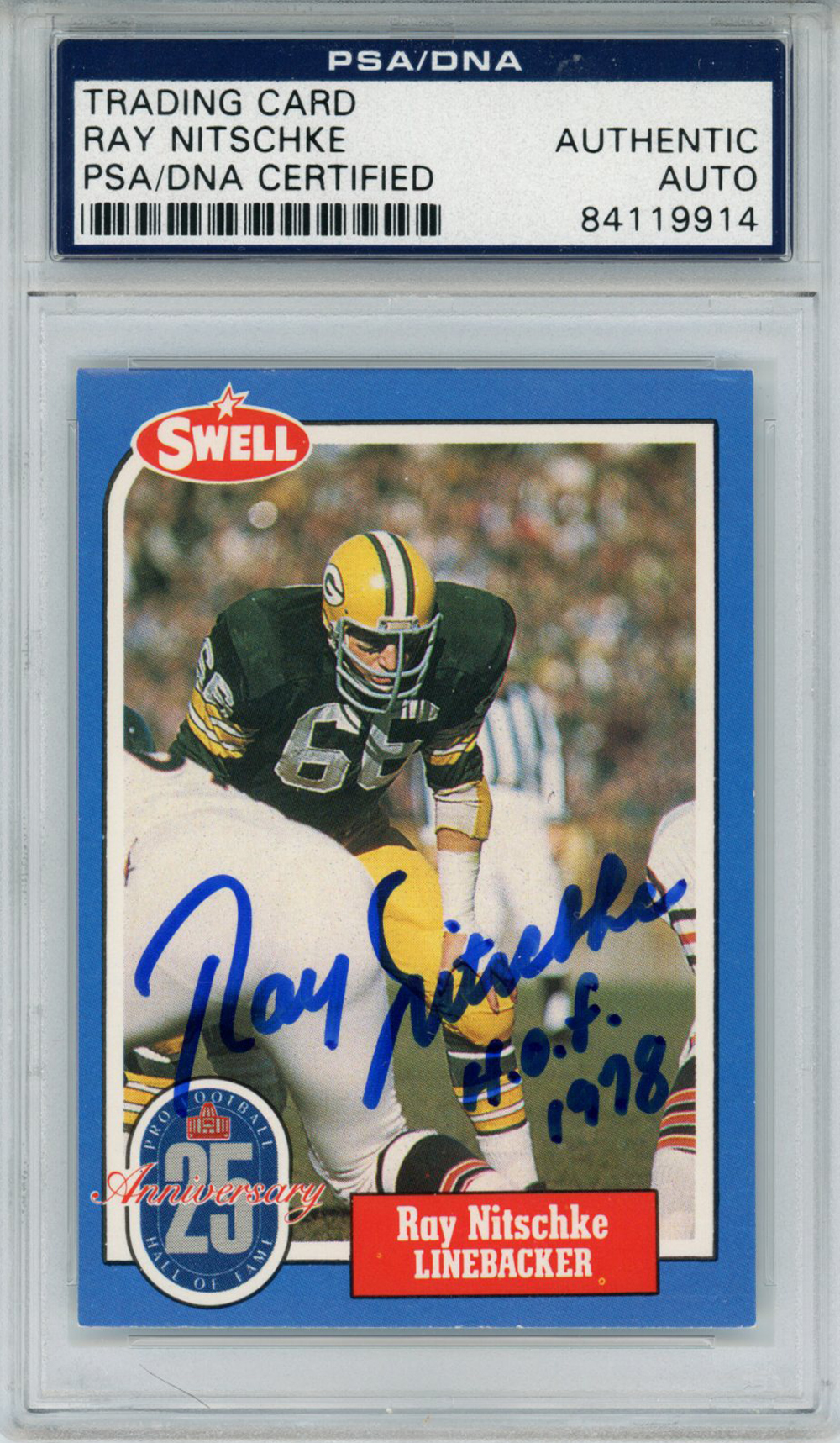 Ray Nitschke Autographed/Signed 1988 Swell #92 Trading Card HOF PSA Slab 33001
