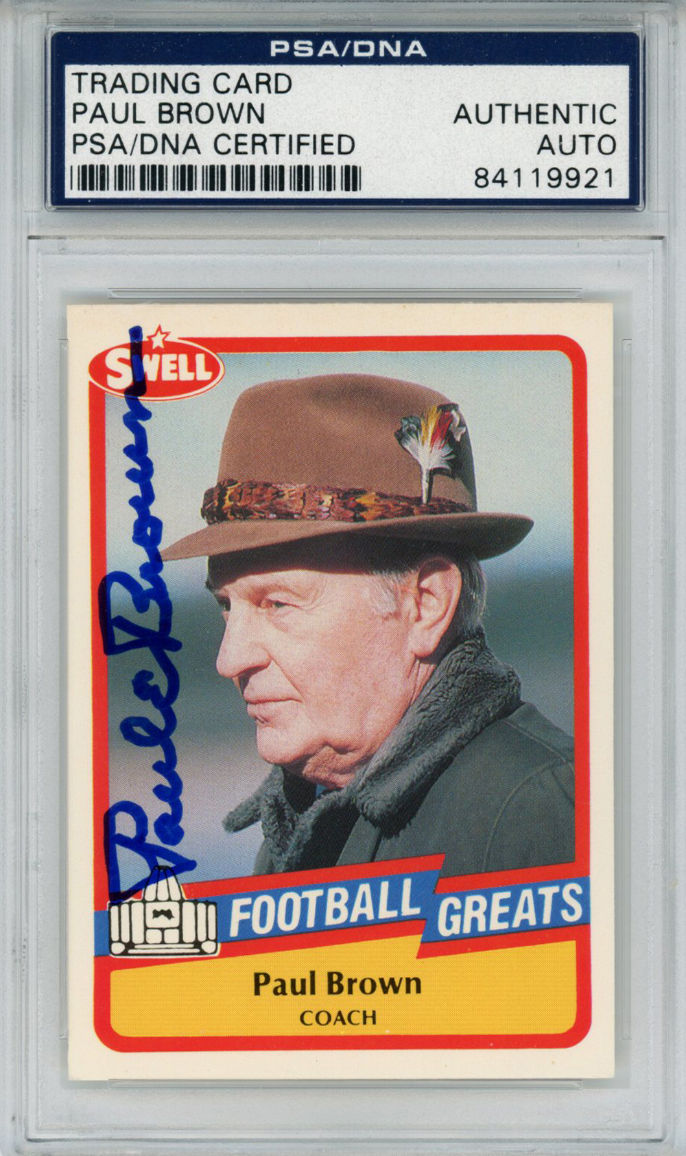 Paul Brown Autographed/Signed 1989 Swell #69 Trading Card PSA Slab 33008