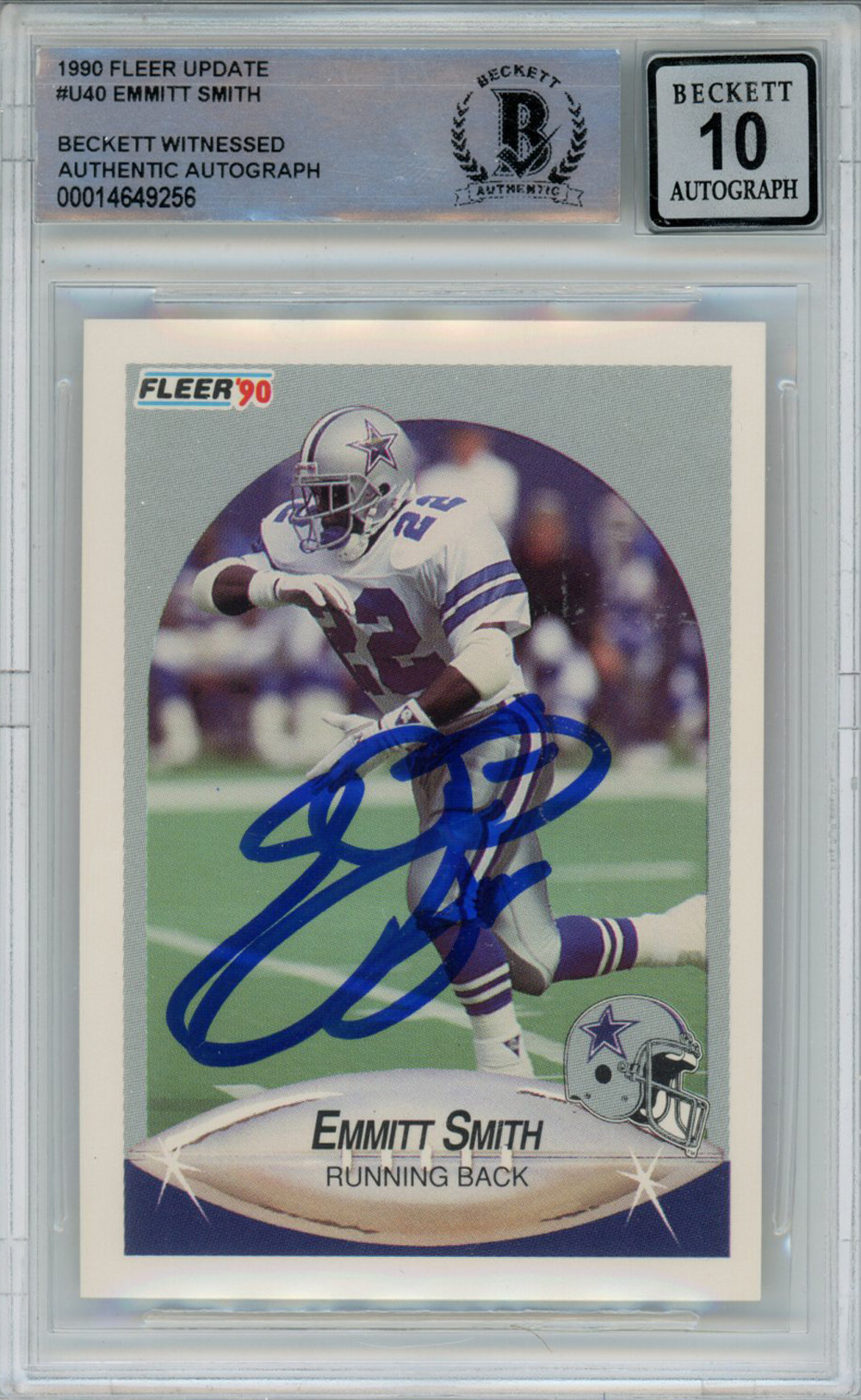 Emmitt Smith Autographed 1990 Fleer U-40 Rookie Card Beckett 10 Slab