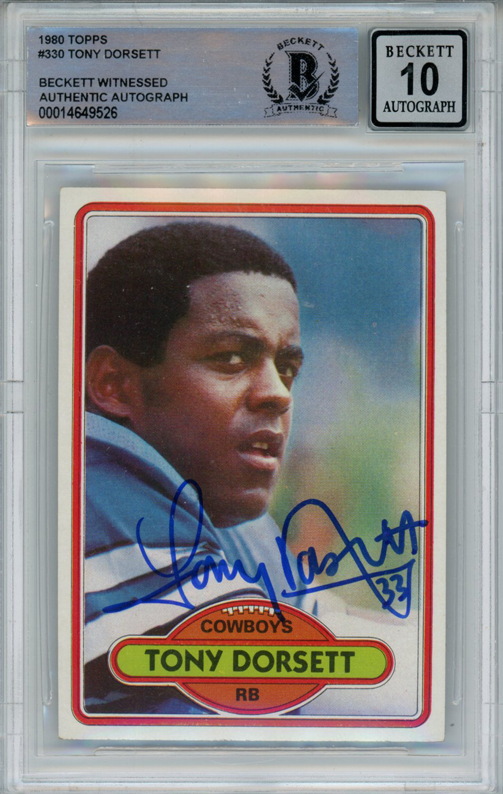 Tony Dorsett Autographed 1980 Topps 330 Trading Card Beckett 10 Slab