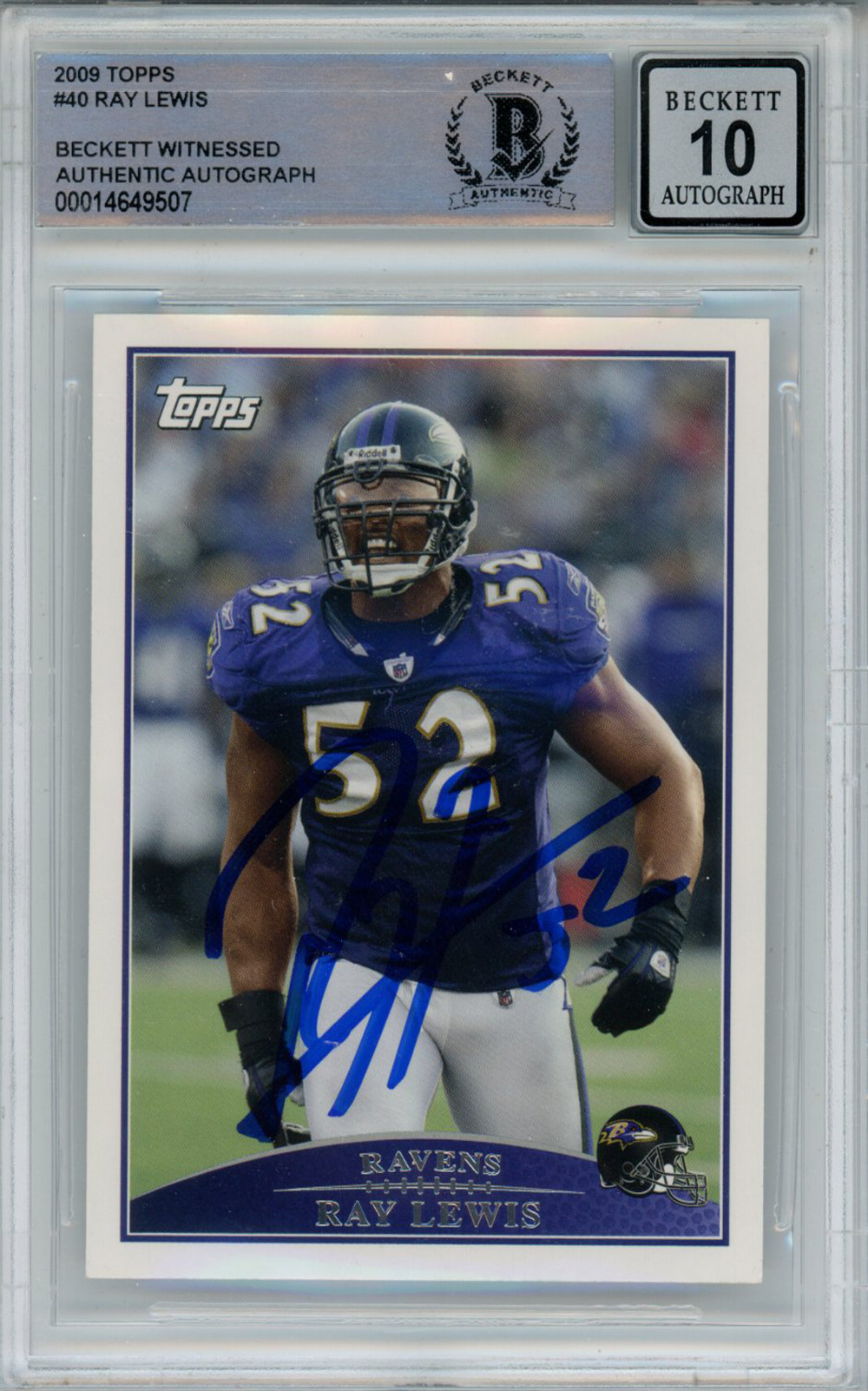 Ray Lewis Autographed/Signed 2009 Topps #40 Trading Card Beckett 10 Slab