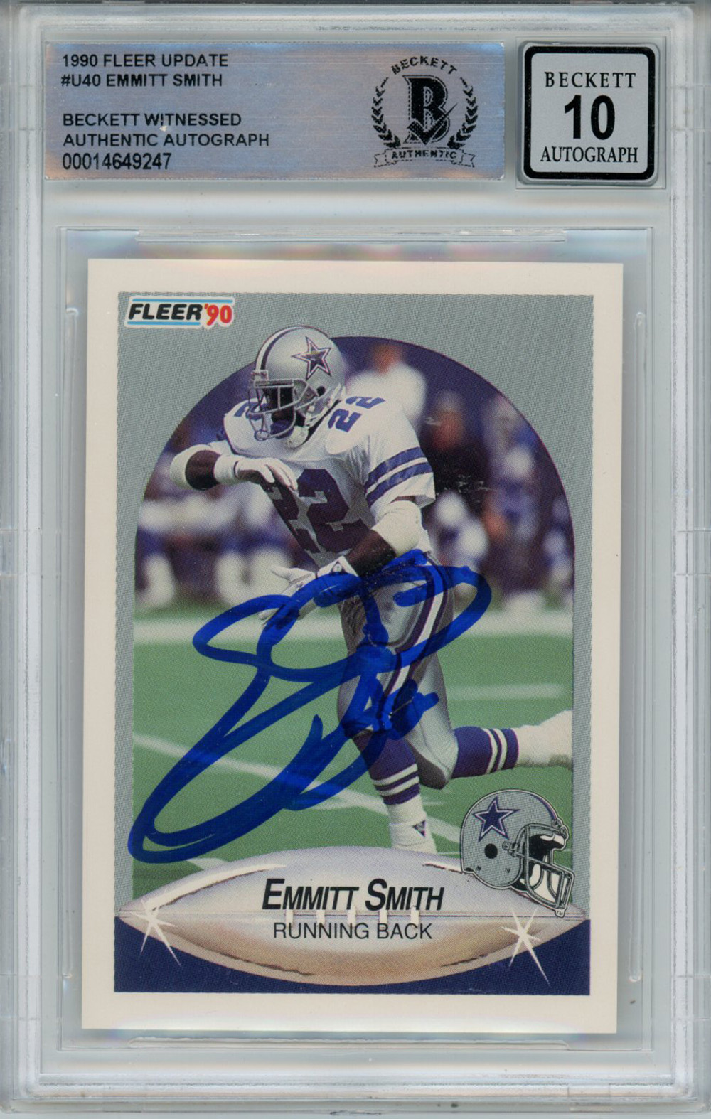 Emmitt Smith Autographed 1990 Fleer U-40 Rookie Card Beckett 10 Slab