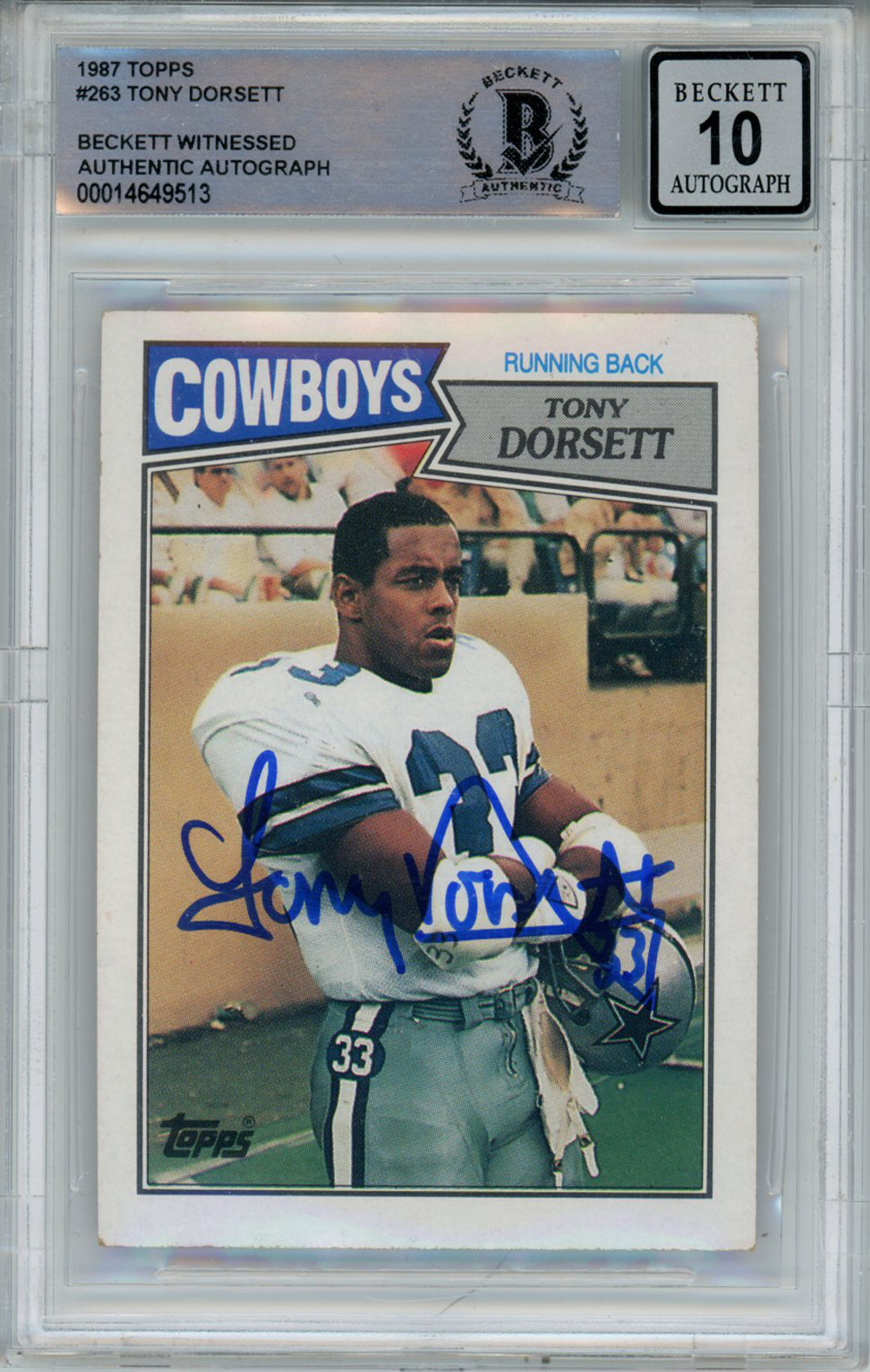 Tony Dorsett Autographed 1987 Topps #263 Trading Card Beckett 10 Slab