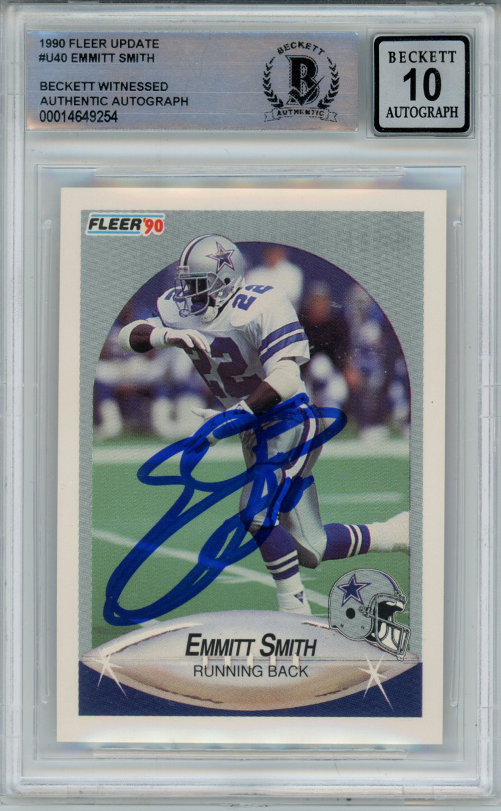 Emmitt Smith Autographed 1990 Fleer U-40 Rookie Card Beckett 10 Slab