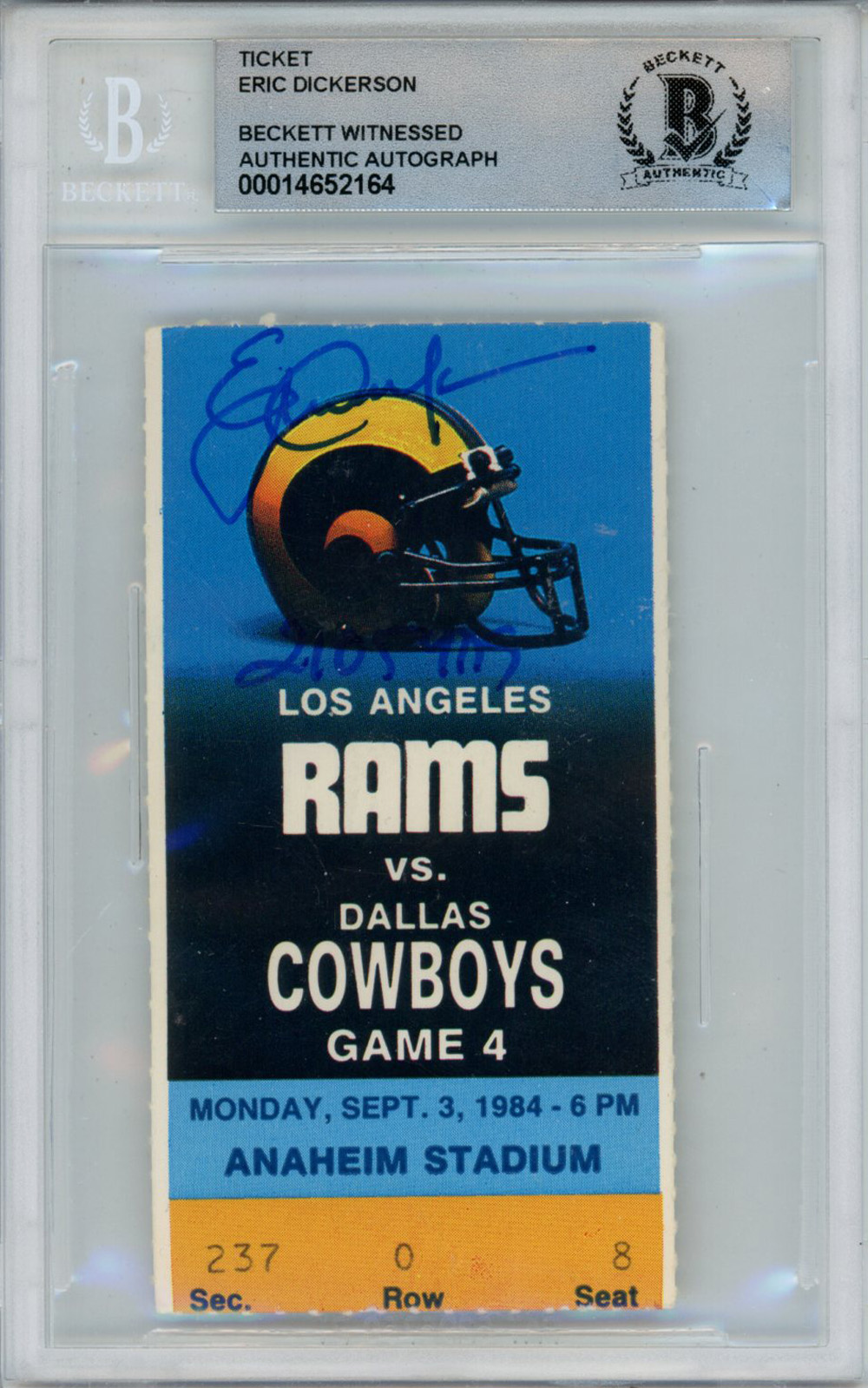 Eric Dickerson Signed 9/3/1983 vs Cowboys Ticket Stub Beckett Slab