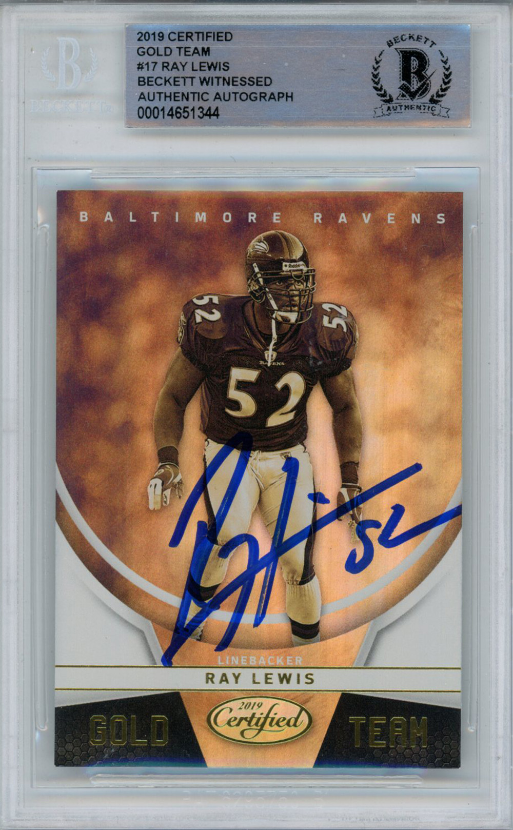 Ray Lewis Signed 2019 Certified Gold Team #GT-RL Trading Card BAS Slab
