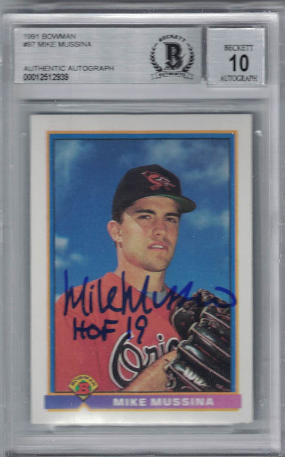 Mike Mussina Signed Baltimore Orioles 1991 Bowman Trading Card BAS 10 29576