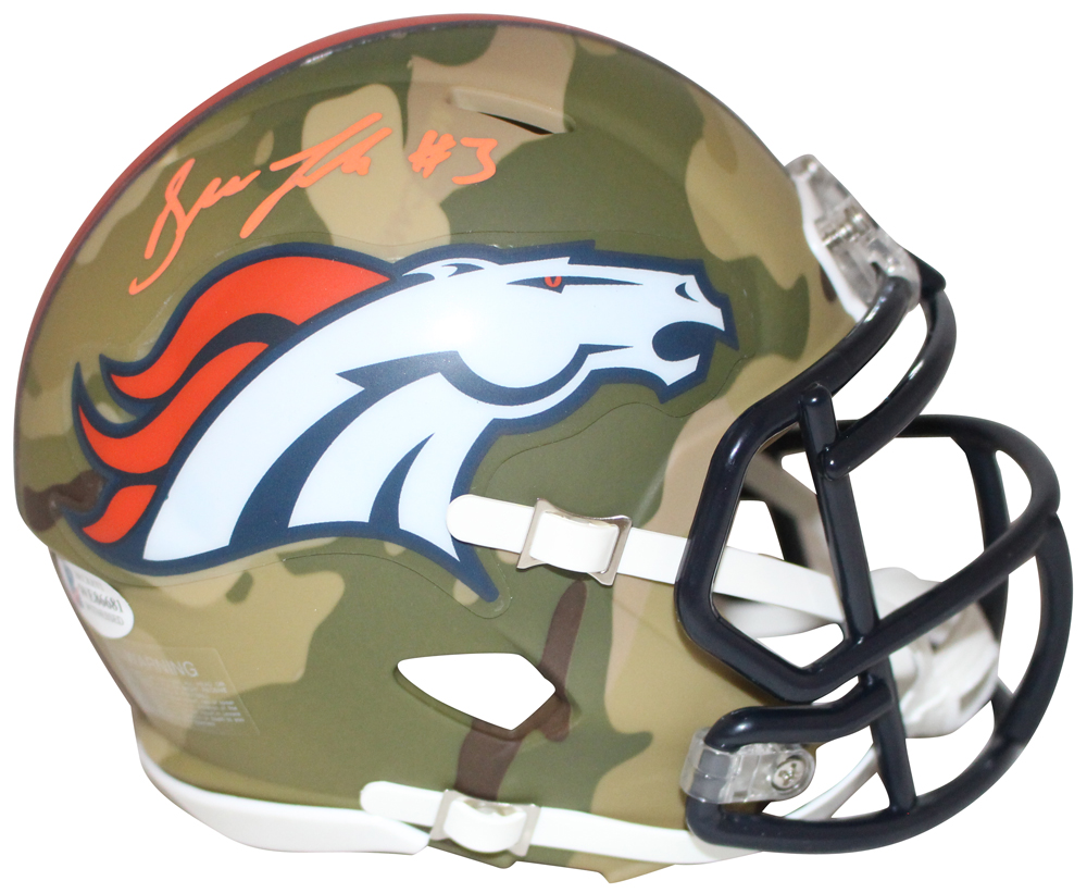 Drew Lock Autographed/Signed Denver Broncos Camo Mini Helmet BAS 29356