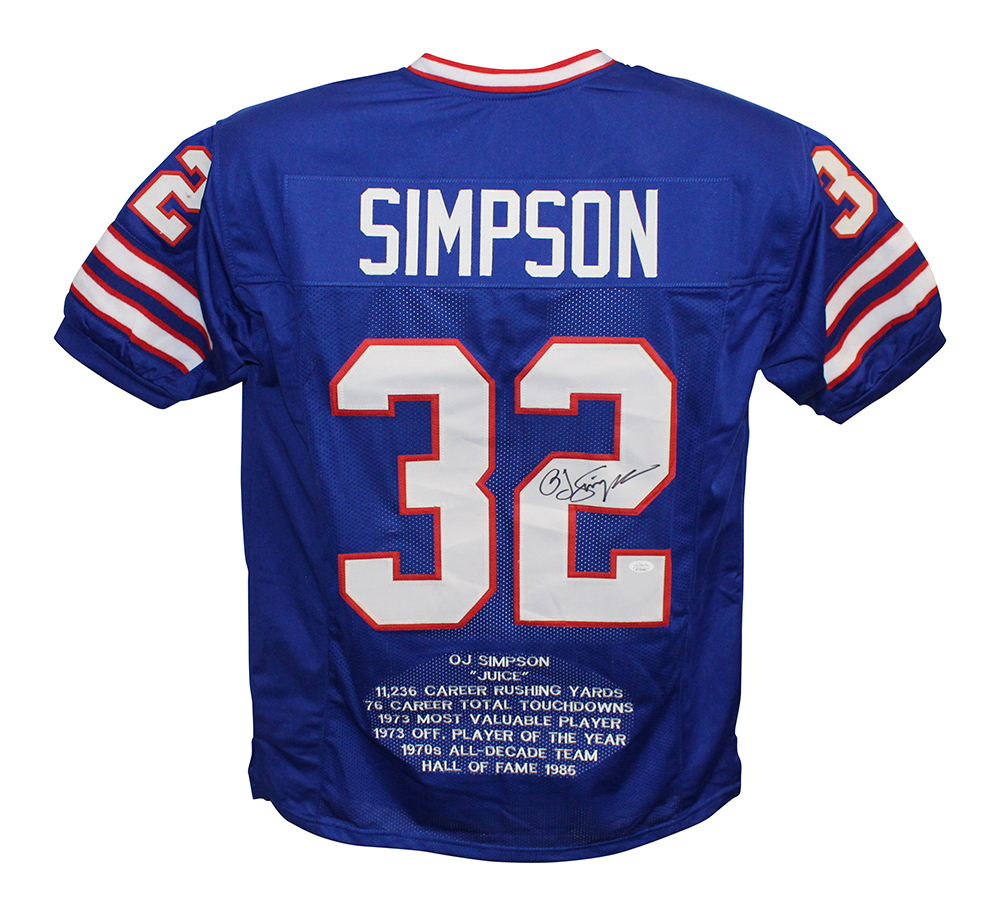 O.J. Simpson Autographed/Signed Pro Style Blue XL Stat Jersey JSA 30373