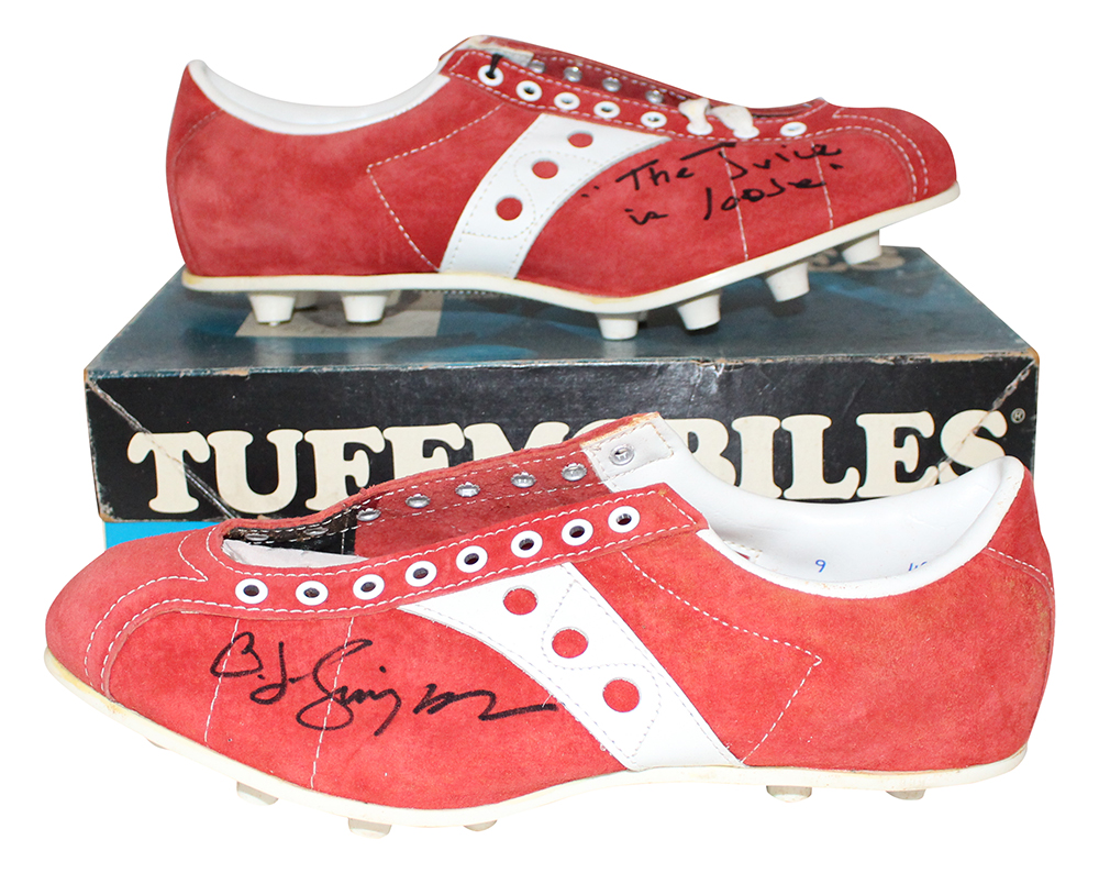 O.J. Simpson Autographed/Signed Buffalo Bills Red Tuffmobiles Cleats JSA 30379